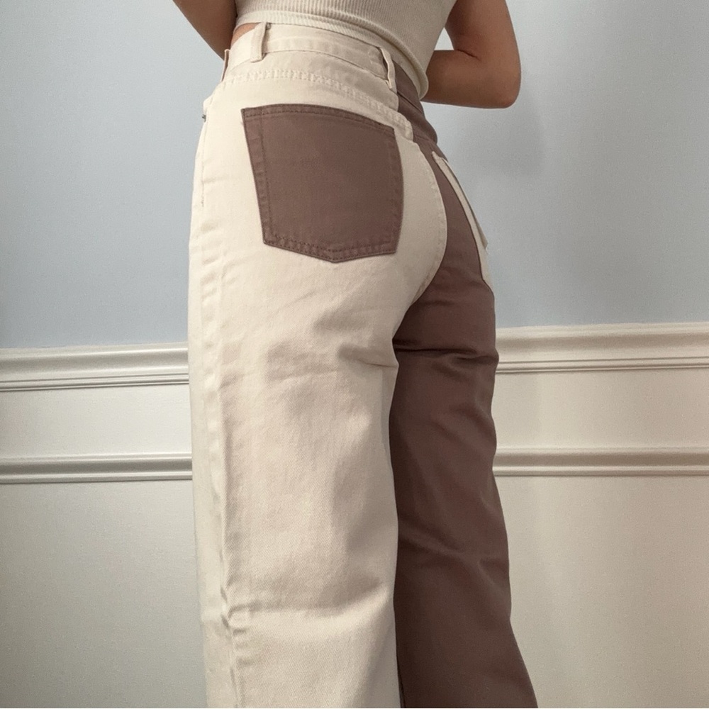 Split chocolate and cream denim pants